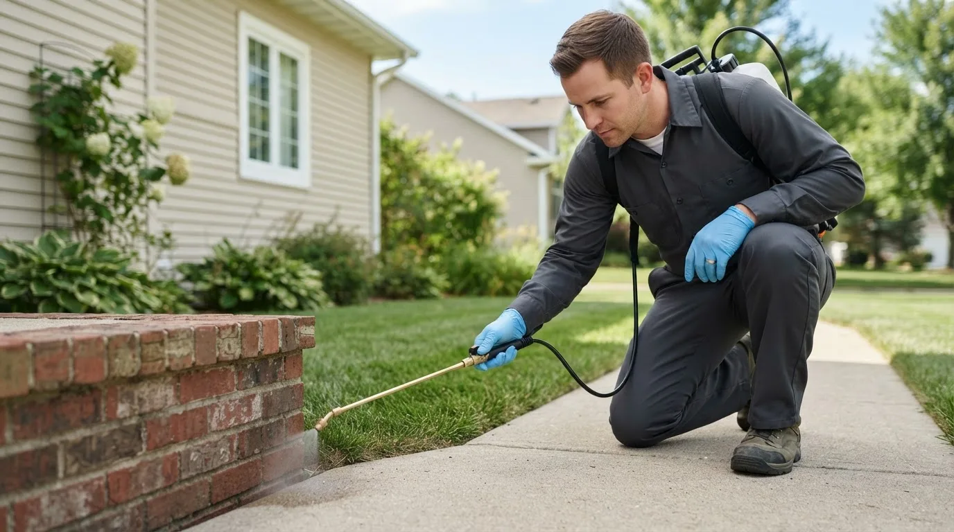 Pest control technician treating a home near Mentor, OH