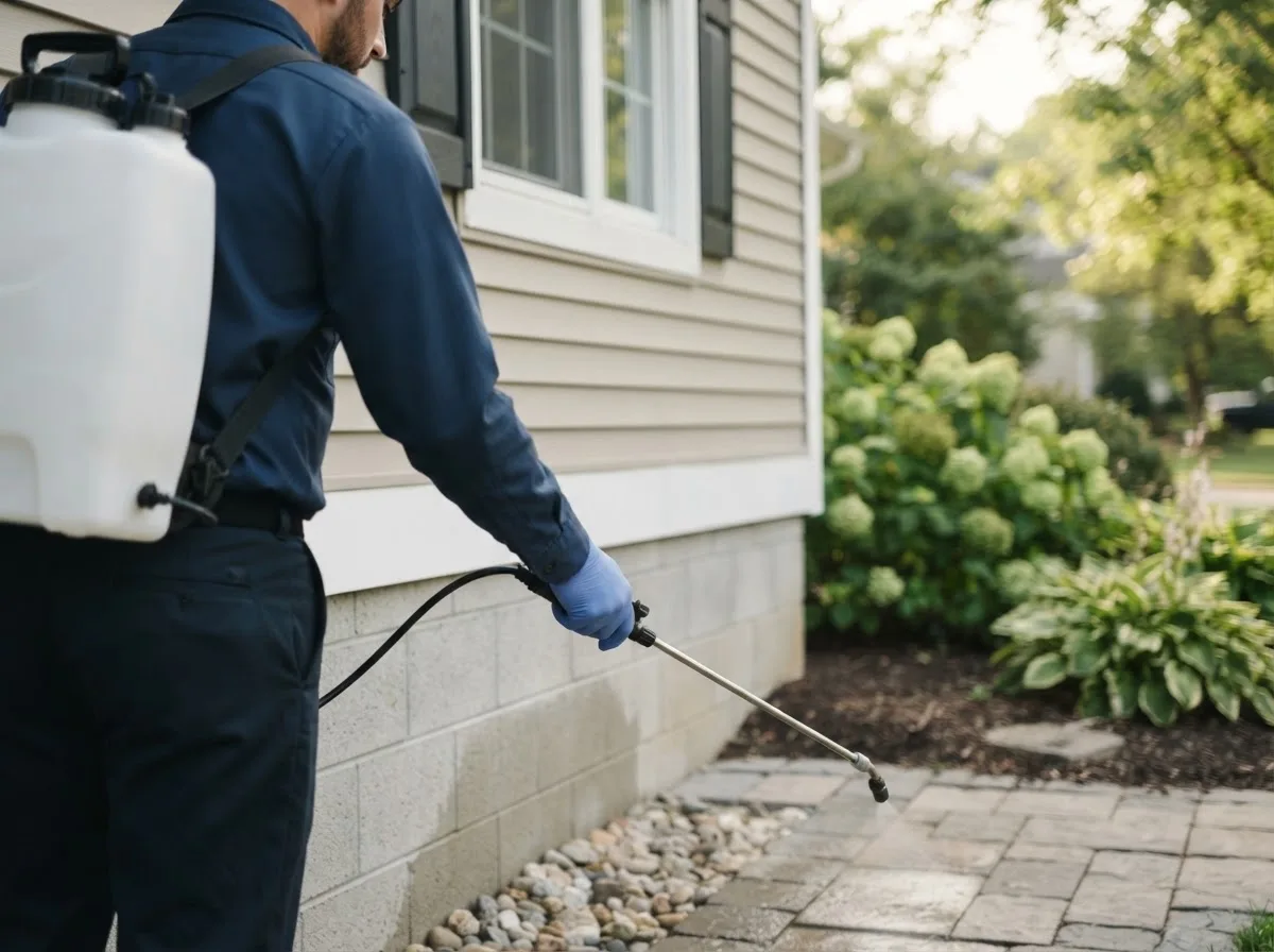 Pest control technician inspecting a home in Mentor, OH